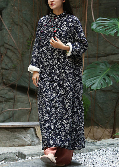 Black Print Button Patchwork Warm Fleece Maxi Dresses Winter