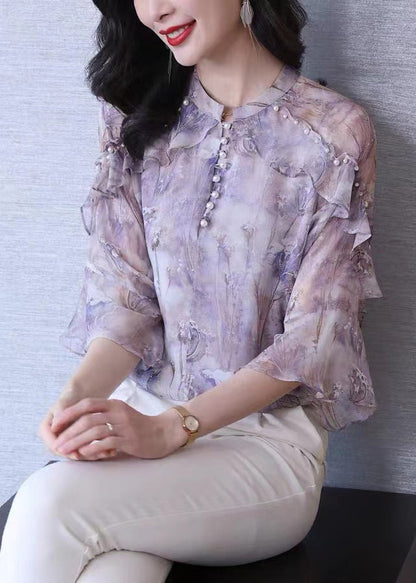 Purple Ruffled Print Nail Bead Chiffon Shirt Top Spring