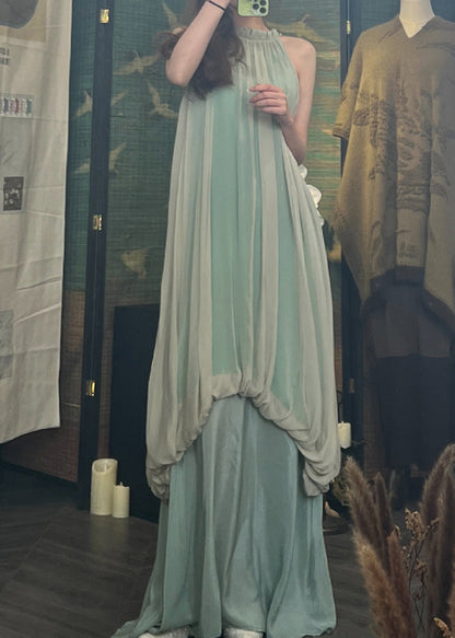 Boutique Green Halter Wrinkled Silk Dress Sleeveless Summer