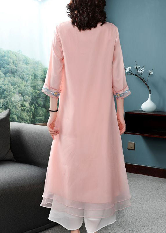 Pink Chiffon Chinese Style Dresses Chinese Button Embroideried Bracelet Sleeve Summer