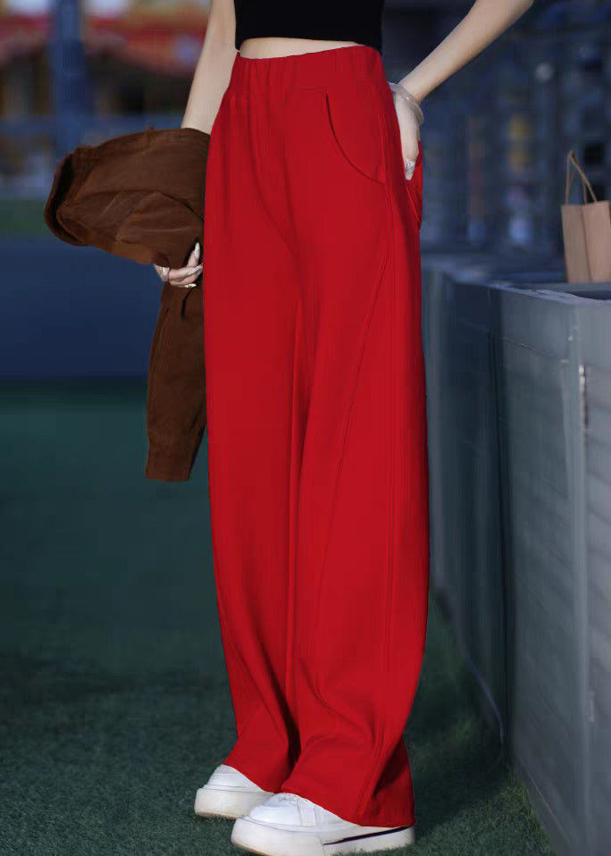 Red Elastic Waist Warm Fleece Pants Pockets