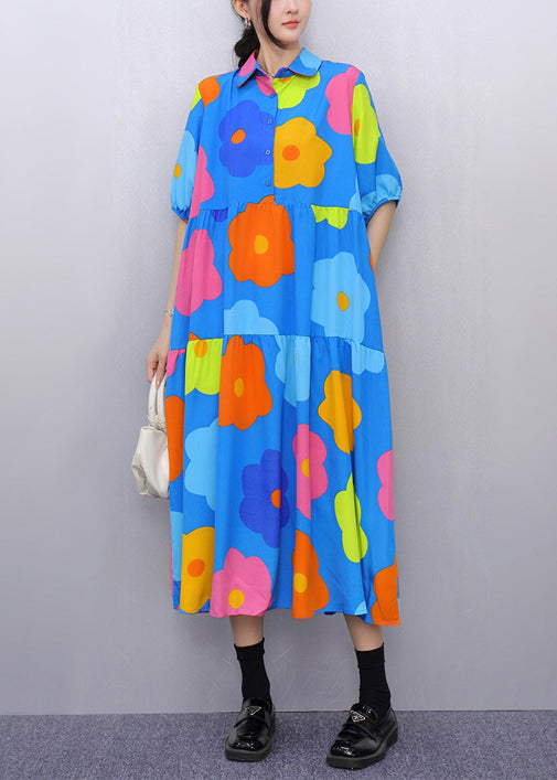 Blue Print Pockets Patchwork Cotton Blouses Dresses Half Sleeve Summer