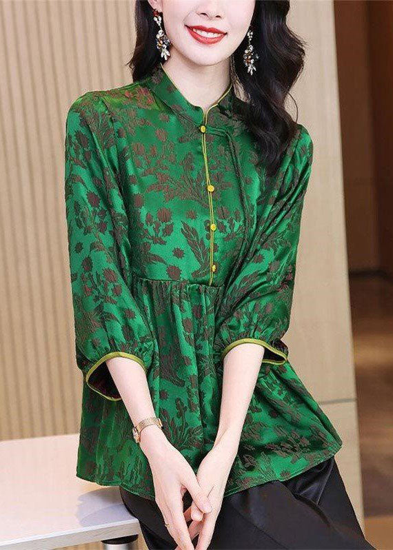 Green Stand Collar Wrinkled Jacquard Silk Shirt Tops Bracelet Sleeve