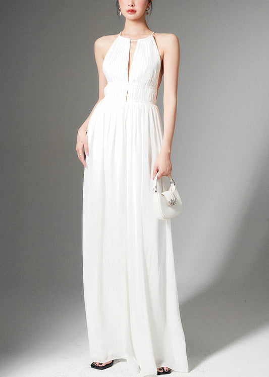 Stylish White Lace Up High Waist Silk Jumpsuit Sleeveless