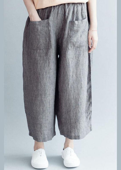 Grey Striped Pockets Wide Leg Fall Pants
