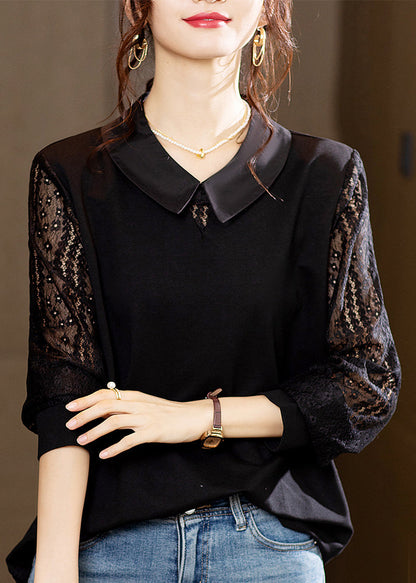 Black Hollow Out Lace Patchwork Tops Long Sleeve