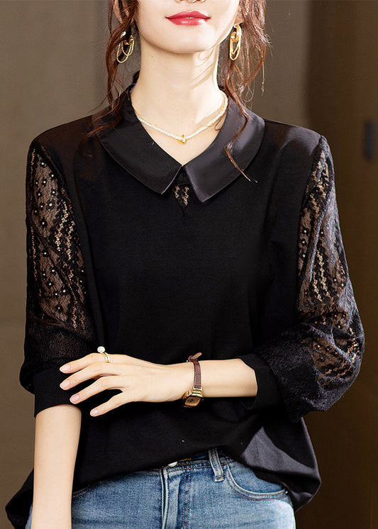 Black Hollow Out Lace Patchwork Tops Long Sleeve