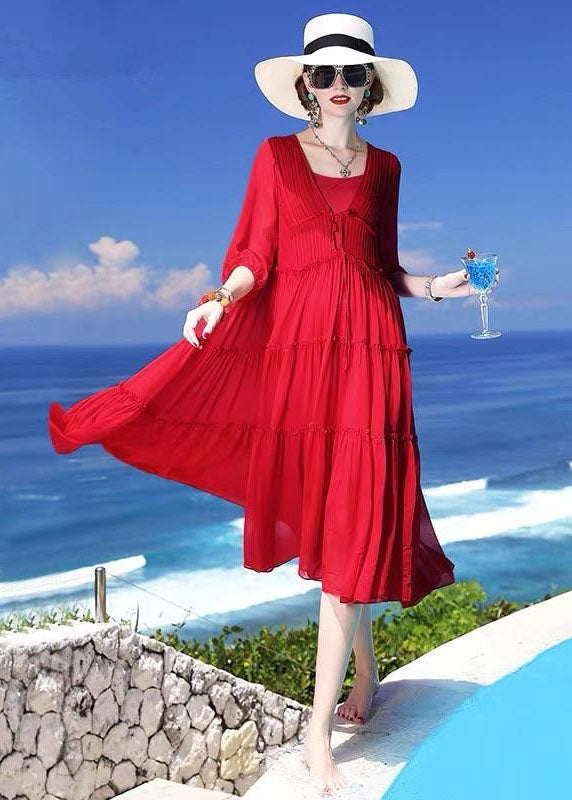 Red Patchwork Silk Two Pieces Set Beach Holiday Dress Summer