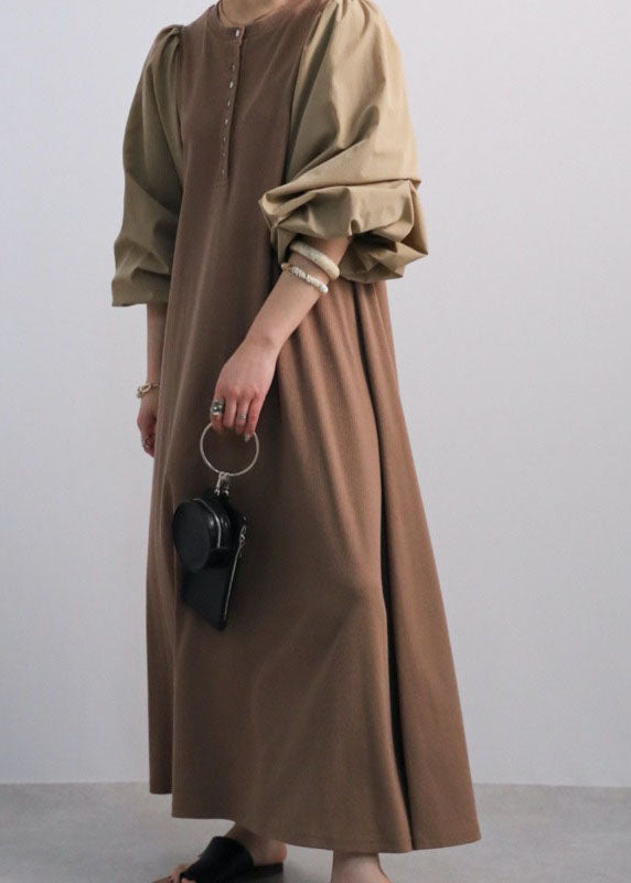 Coffee O Neck Patchwork Cotton Dress Lantern Sleeve