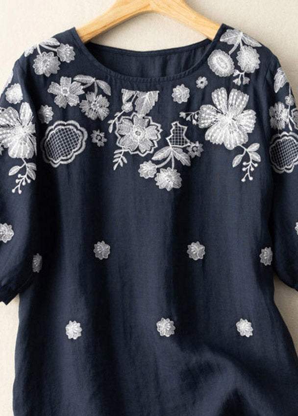 Boutique Navy O-neck Embroideried Cotton Shirt Short Sleeve