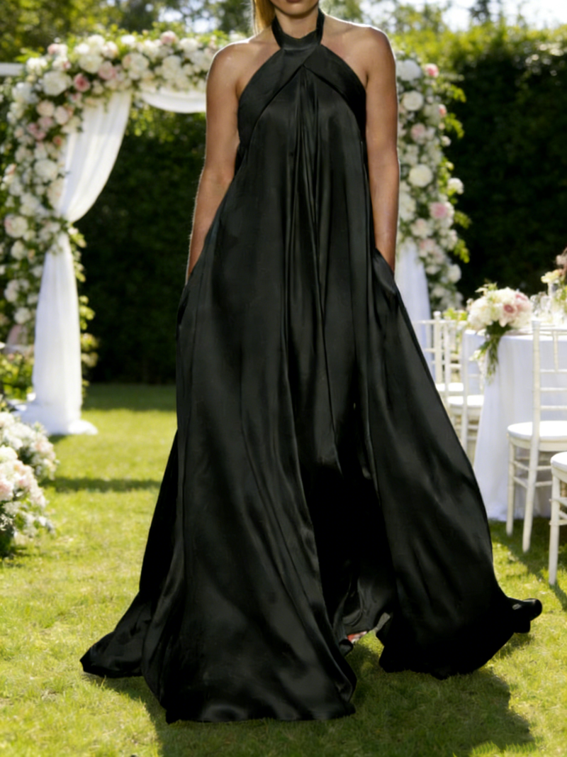 Italian Black Halter Patchwork Silk Long Dress Summer