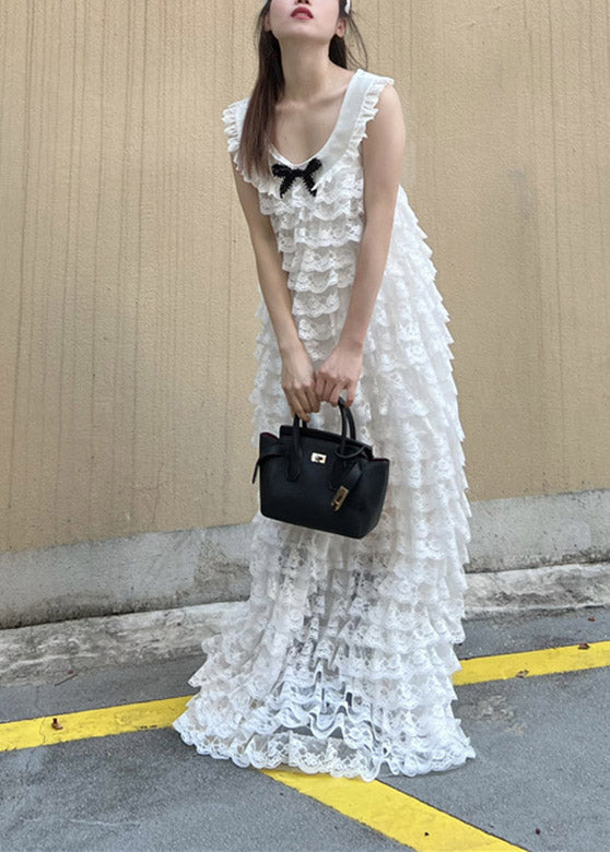 White O-neck Bow Lace Layered Long Dress Spring