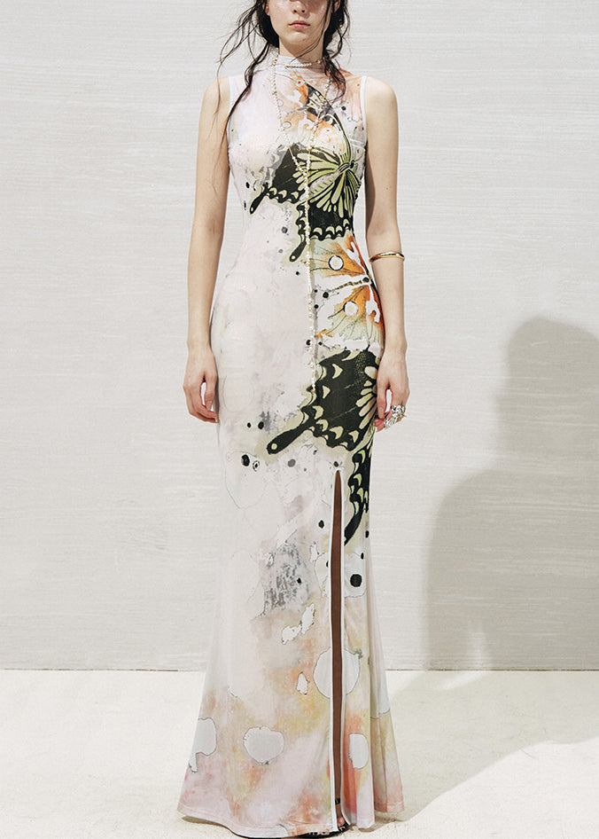 White Stand Collar Print Tulle Two Pieces Set Sleeveless
