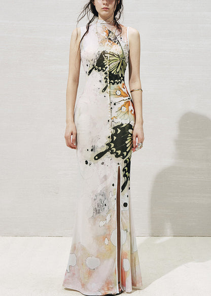 White Stand Collar Print Tulle Two Pieces Set Sleeveless