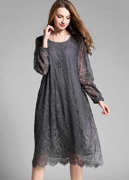 Grey Lace Party Dress O-neck Hollow Out Long Sleeve