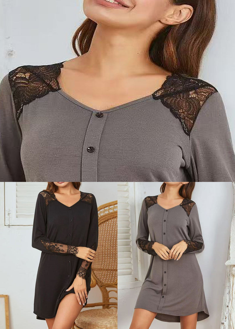 Black Lace Patchwork Cotton Spring Pajamas Dresses V Neck