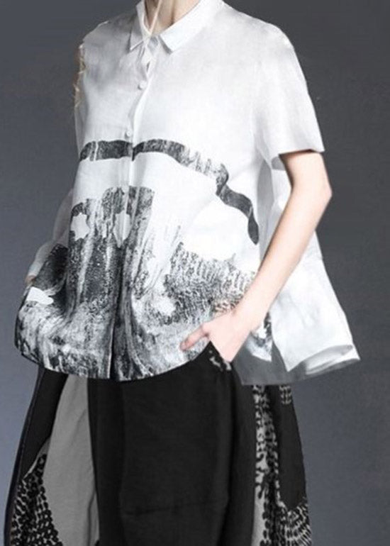 Classy White Peter Pan Collar Print Button Cotton Blend Top and Harem Pants Two Pieces Set Summer