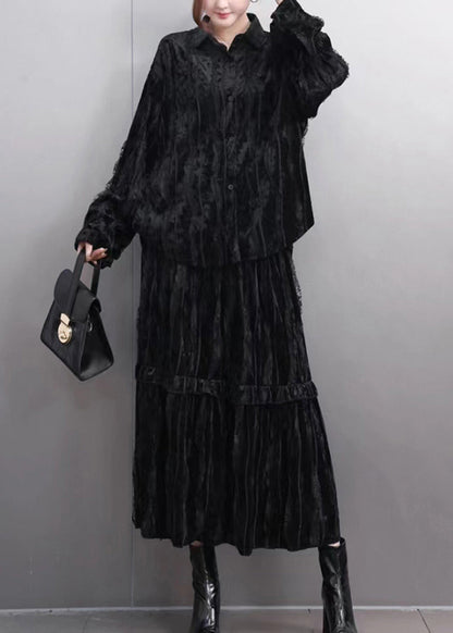 Fine Black Ruffled Wrinkled Shirt and Maxi Skirts Two Pieces Set Spring