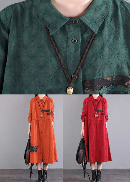 Blackish Green Pockets Patchwork Cotton Shirts Dresses Fall