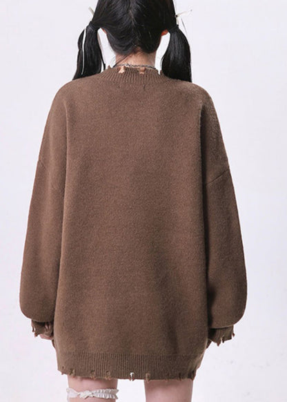 Versatile Coffee O Neck Ripped Knit Sweater Tops Spring