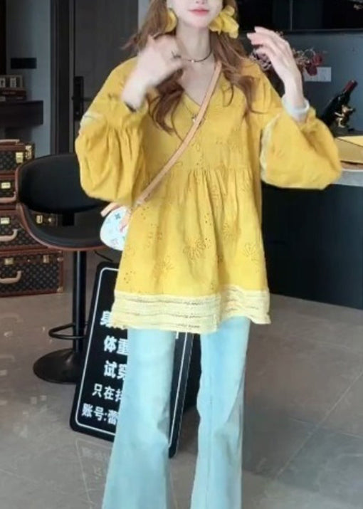 Yellow V Neck Patchwork Cotton Blouse Tops Lantern Sleeve