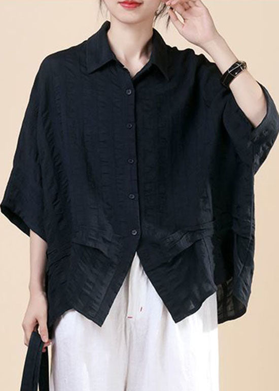 Black Button Peter Pan Collar Shirt Top Batwing Sleeve