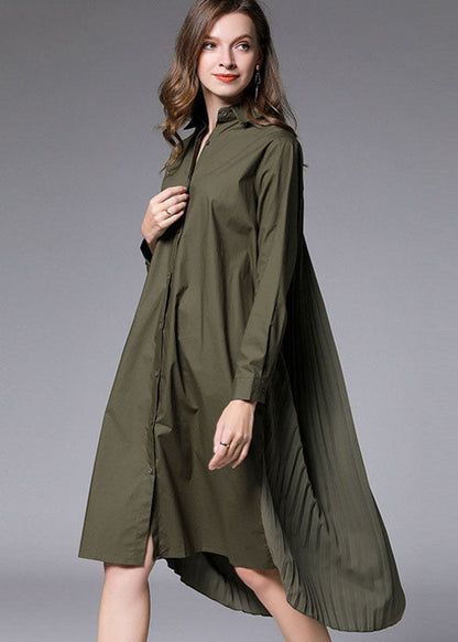 Army Green Wrinkled Cotton Vacation Shirts Dresses Peter Pan Collar Spring