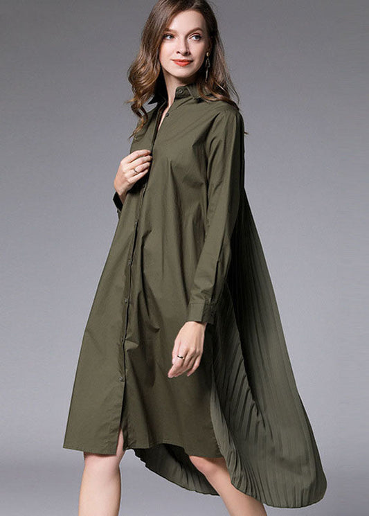 Army Green Wrinkled Cotton Vacation Shirts Dresses Peter Pan Collar Spring