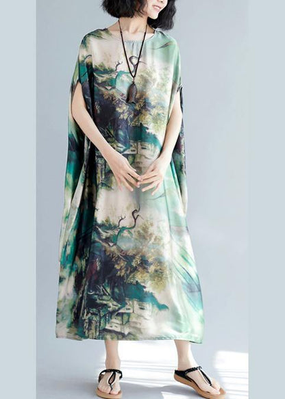 French O Neck Baggy Summer Wardrobes Lnspiration Green Print Robes Dresses