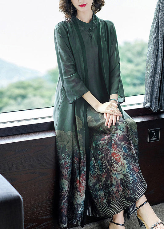 Blackish Green Print Silk Cardigans and Long Dress Two Pieces Set Button Spring