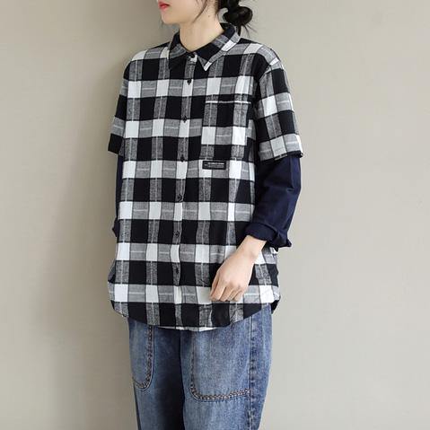 Unique Lapel False Two Pieces Crane Tops Design Black White Plaid Tops