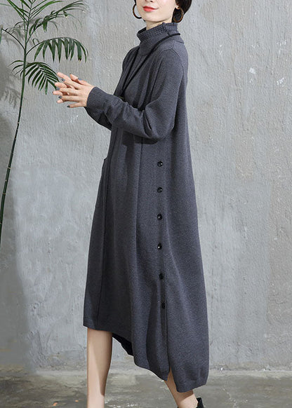 Grey Turtleneck Pockets Patchwork Woolen Sweater Dress Fall