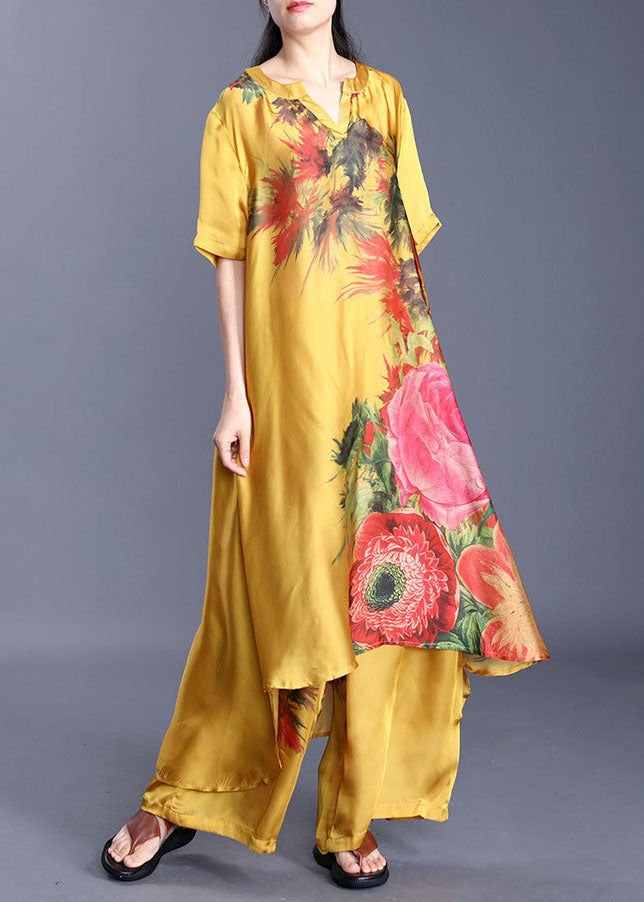 Yellow Print Silk Two Piece Set Asymmetrical Design Short Sleeve