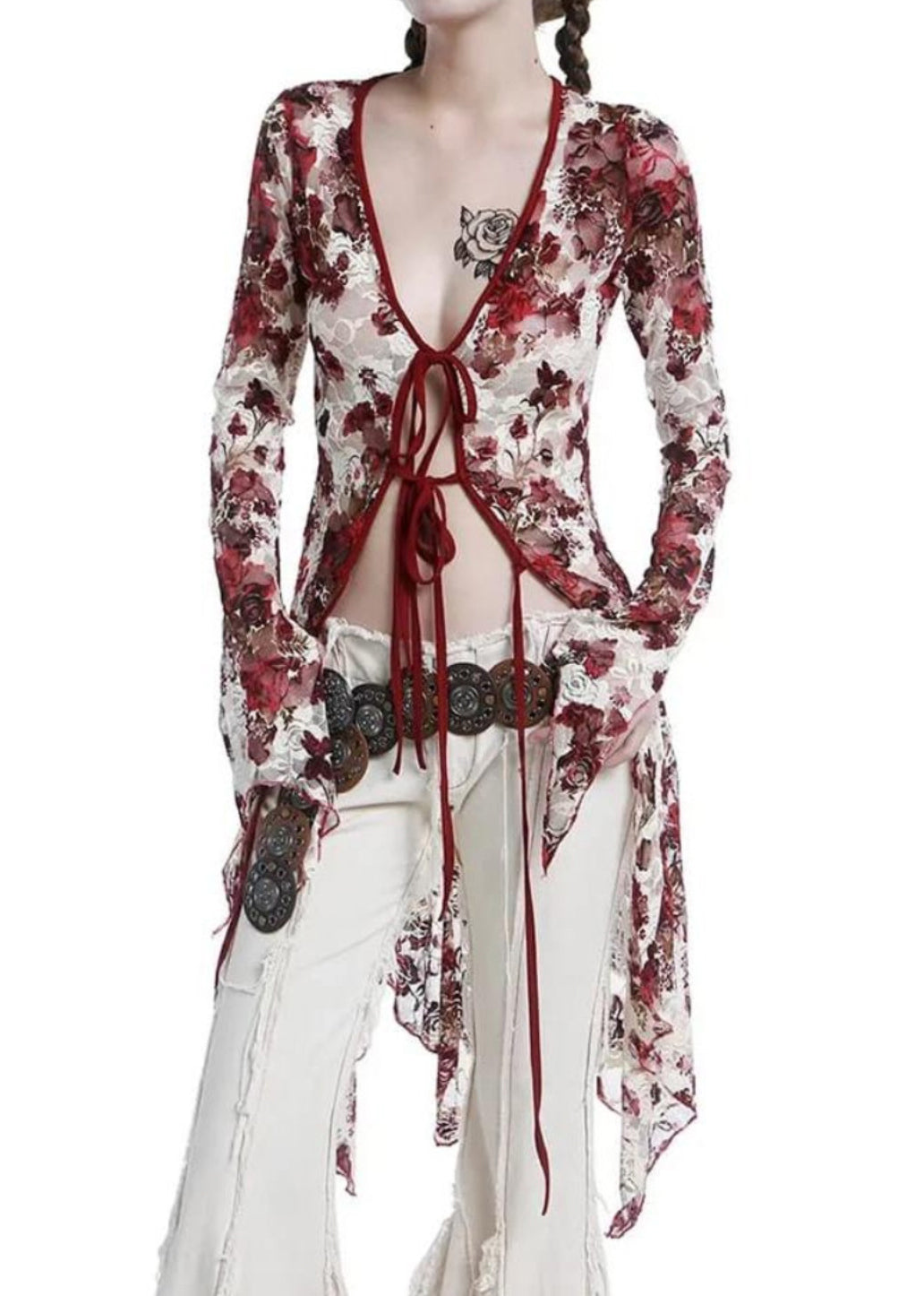 Red Asymmetrical Lace Up Tulle Shirt Flare Sleeve