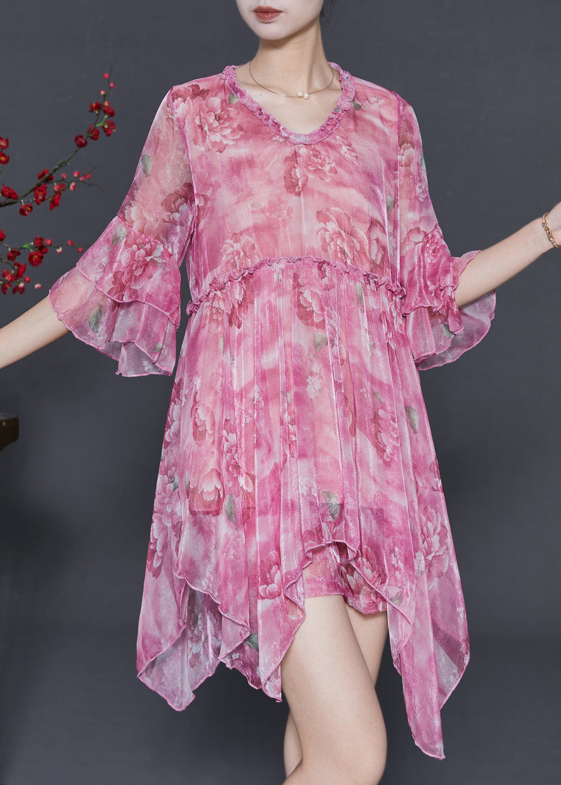 Rose Asymmetrical Print Chiffon Mini Dress Two Piece Set Summer
