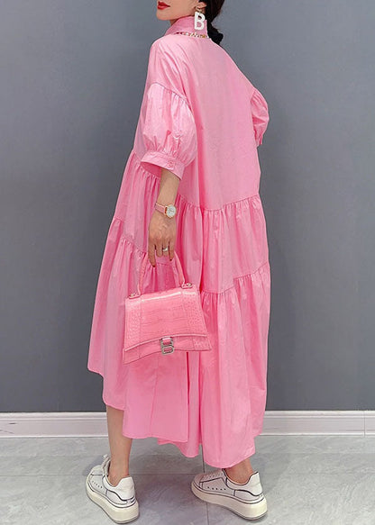 Italian Pink Peter Pan Collar Wrinkled Patchwork Cotton Shirts Dress Summer