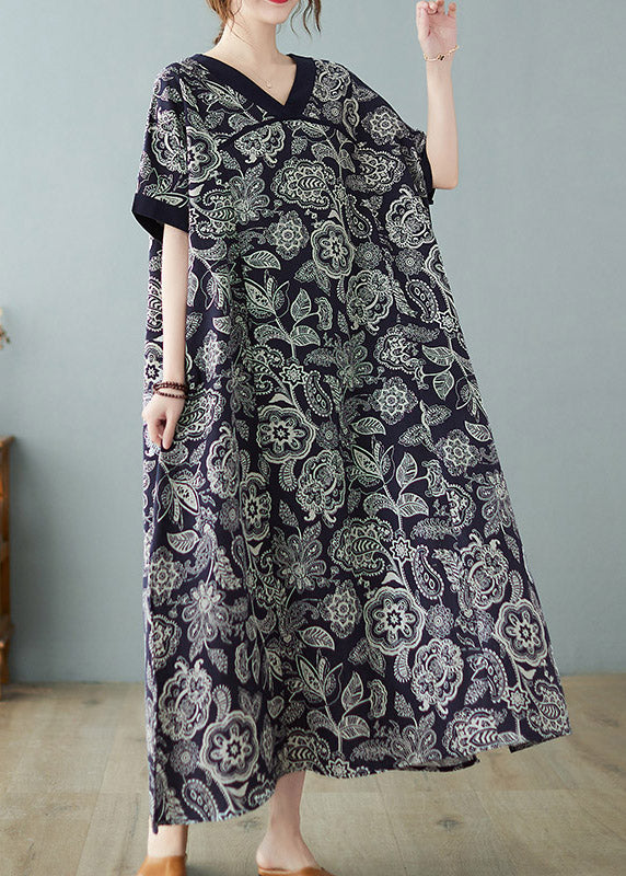 Loose Navy V Neck Print Side Open Dresses Short Sleeve