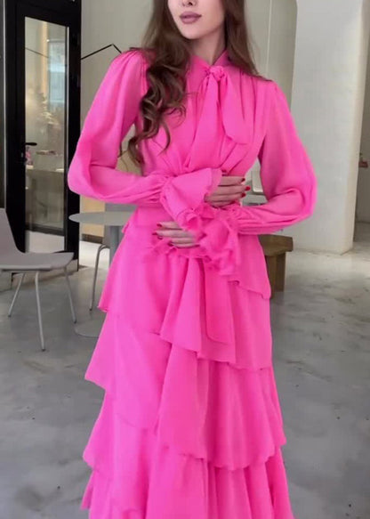 Rose Bow Ruffled Patchwork Chiffon Long Dress Fall