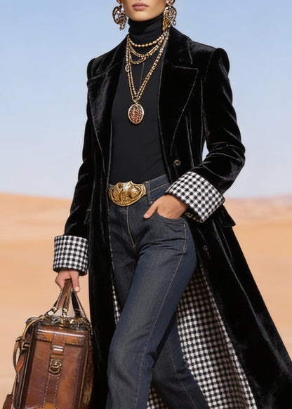 Fitted Black Peter Pan Collar Pockets Velvet Long Coat Spring