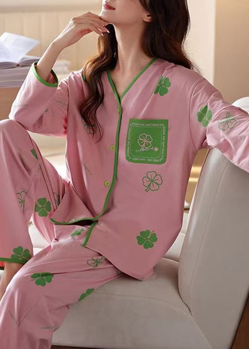 Art Pink Button Print Tops and Pants Cotton Pajamas Two Piece Set Fall