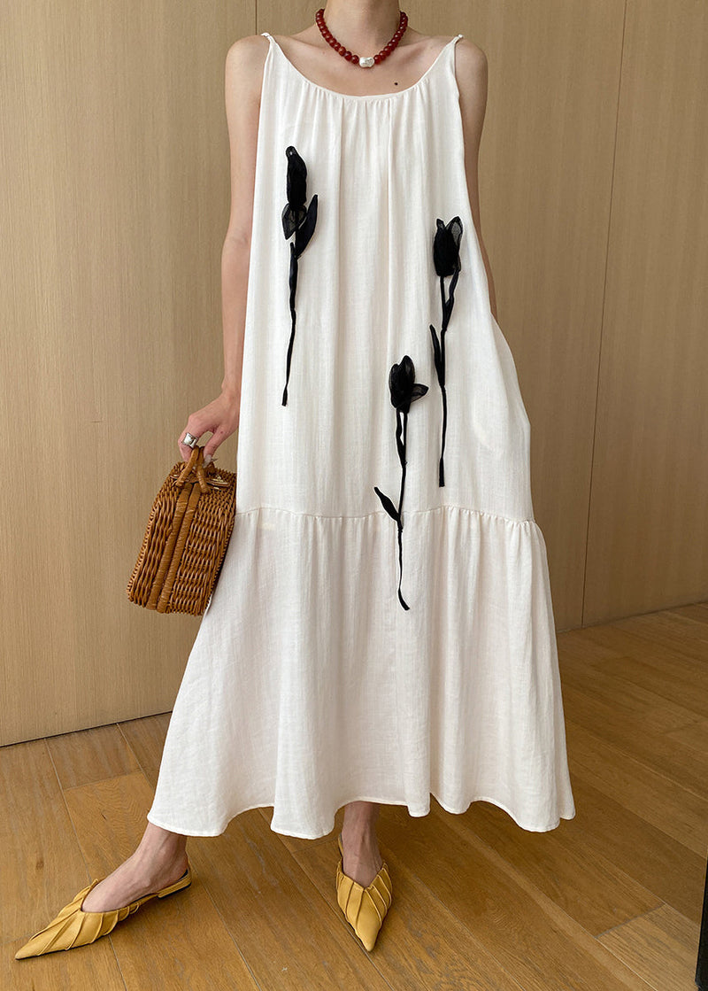 Stylish Beige Decorated Cotton Spaghetti Strap Dress Summer