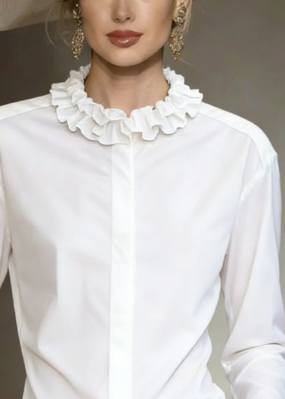 Stylish White Ruffled Button Cotton Shirt Tops Fall