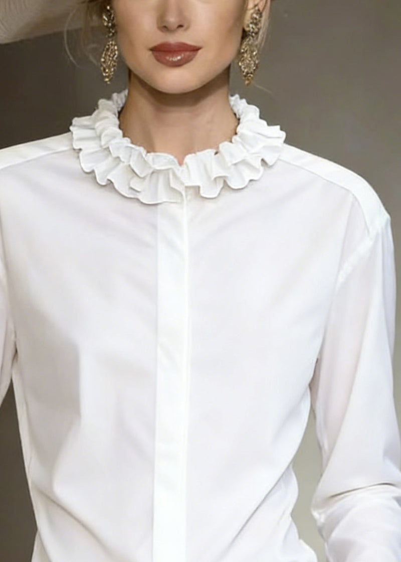 Stylish White Ruffled Button Cotton Shirt Tops Fall