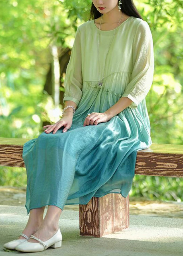 Gradient Color O-neck Ruffled Cotton Long Dresses Bracelet Sleeve Summer