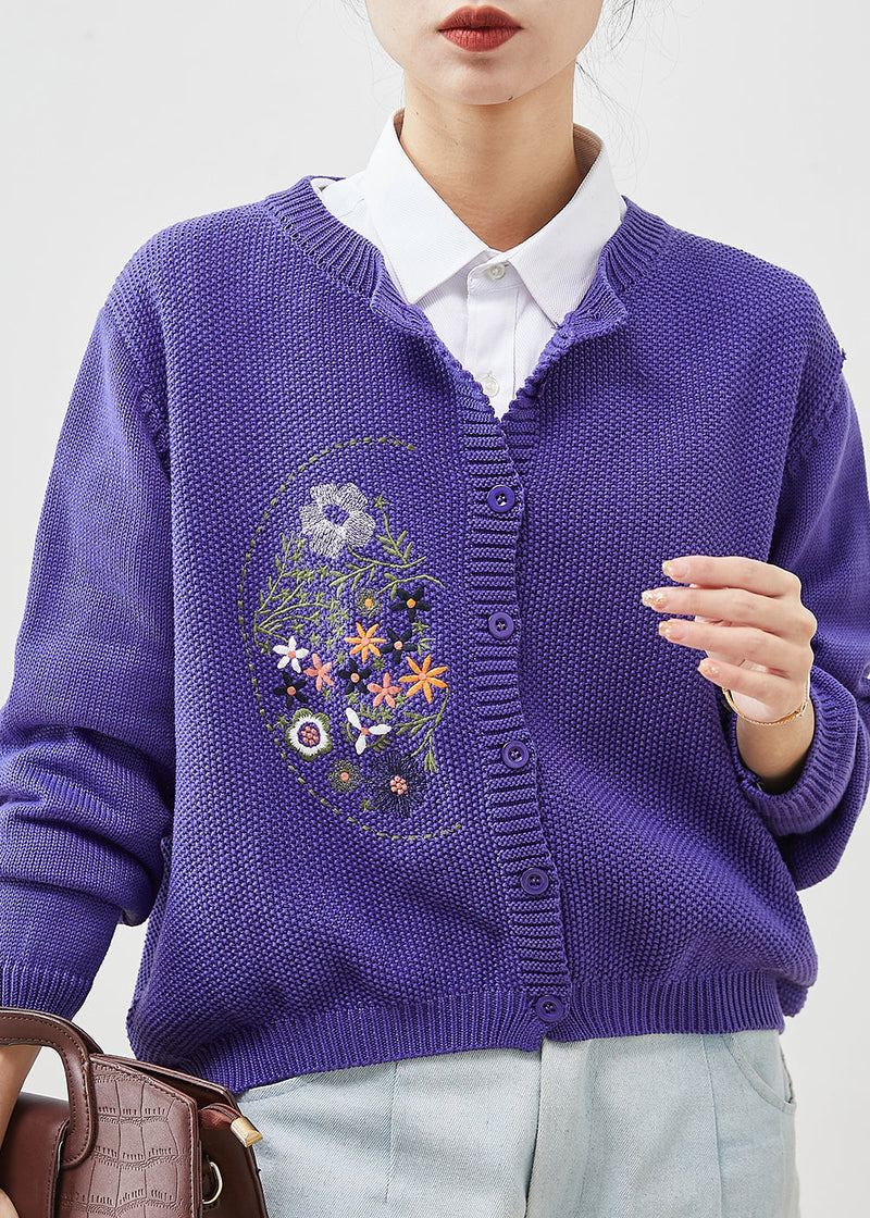 Purple Embroidered Knit Cardigans Spring