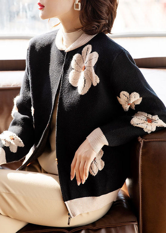 Black Stand Collar Embroideried Woolen Coats Long Sleeve
