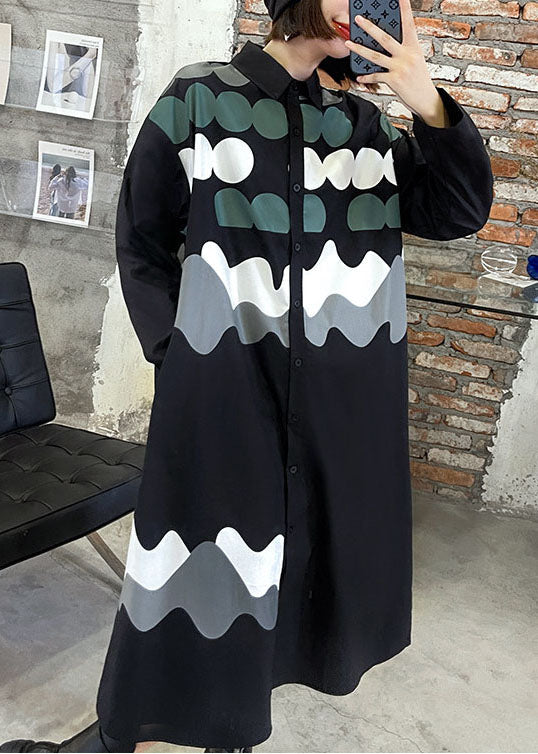 Black Print Button Pockets Fall Shirts Long Sleeve Dress