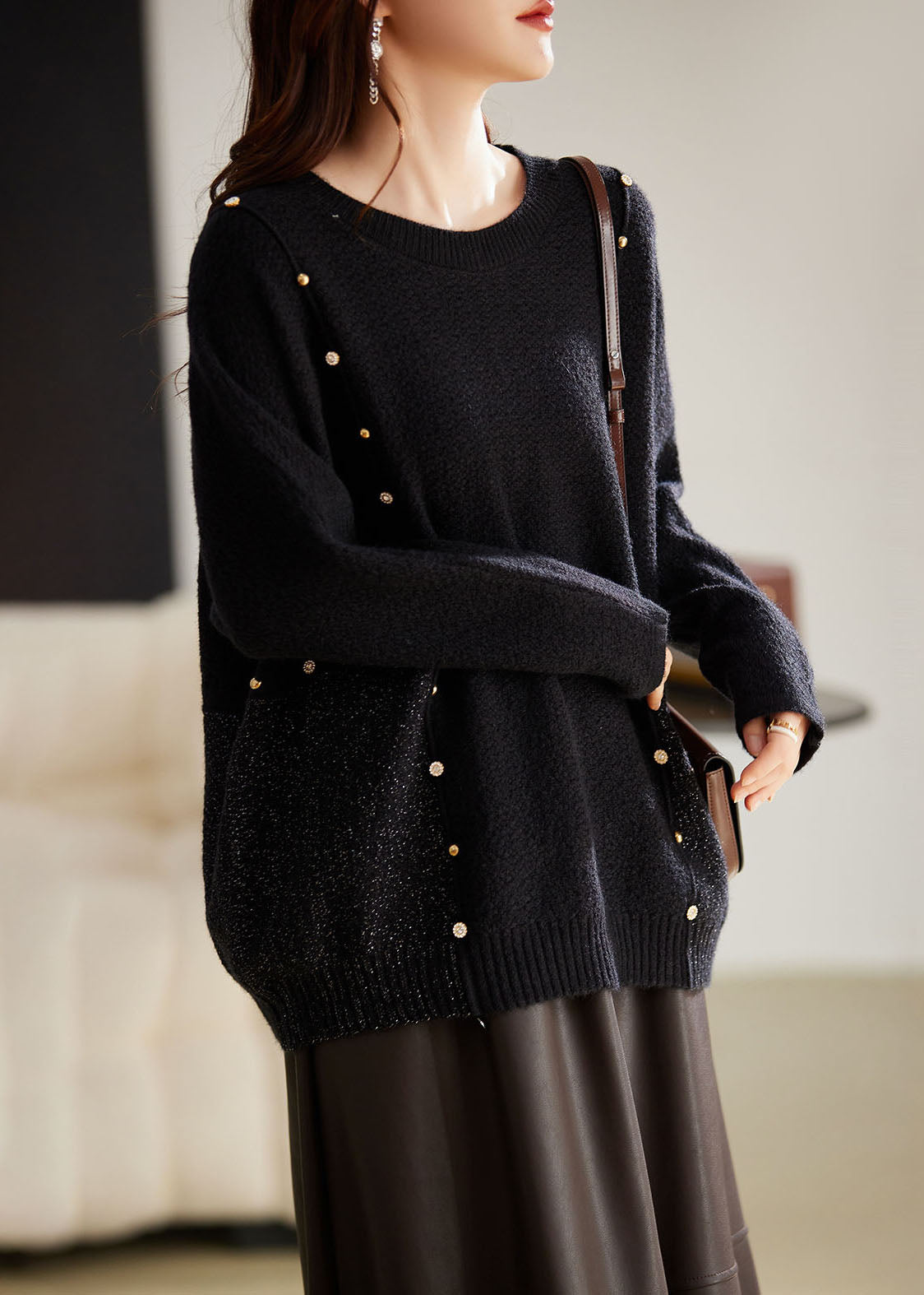 French Black O-neck Patchwork Cozy Cotton Knit Sweater Winter