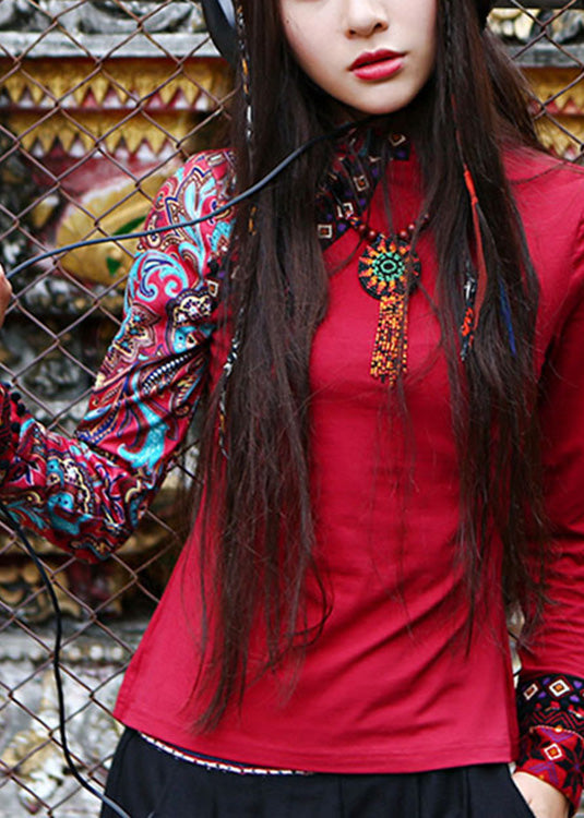 Red Turtleneck Print Cotton Tops Spring