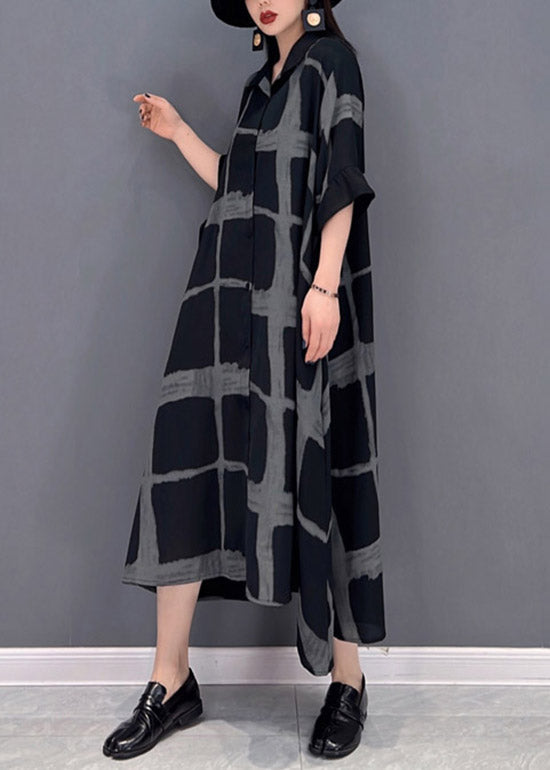 Grey Peter Pan Collar Asymmetrical Print Button Pockets Long Dress Half Sleeve